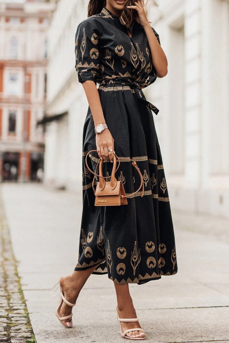 Annabelle | Sophisticated Geometric Printed Collared Midi Dress 0