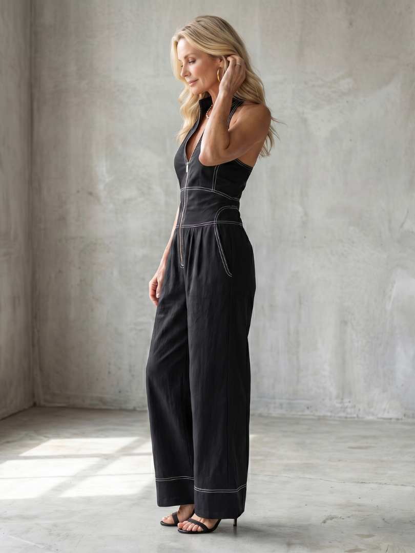 Barbara | Elegant Wide Leg Halter Jumpsuit with Contrast Stitching 1