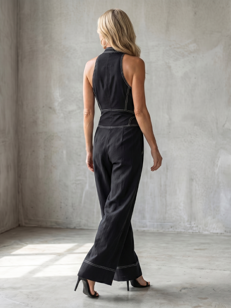 Barbara | Elegant Wide Leg Halter Jumpsuit with Contrast Stitching 3