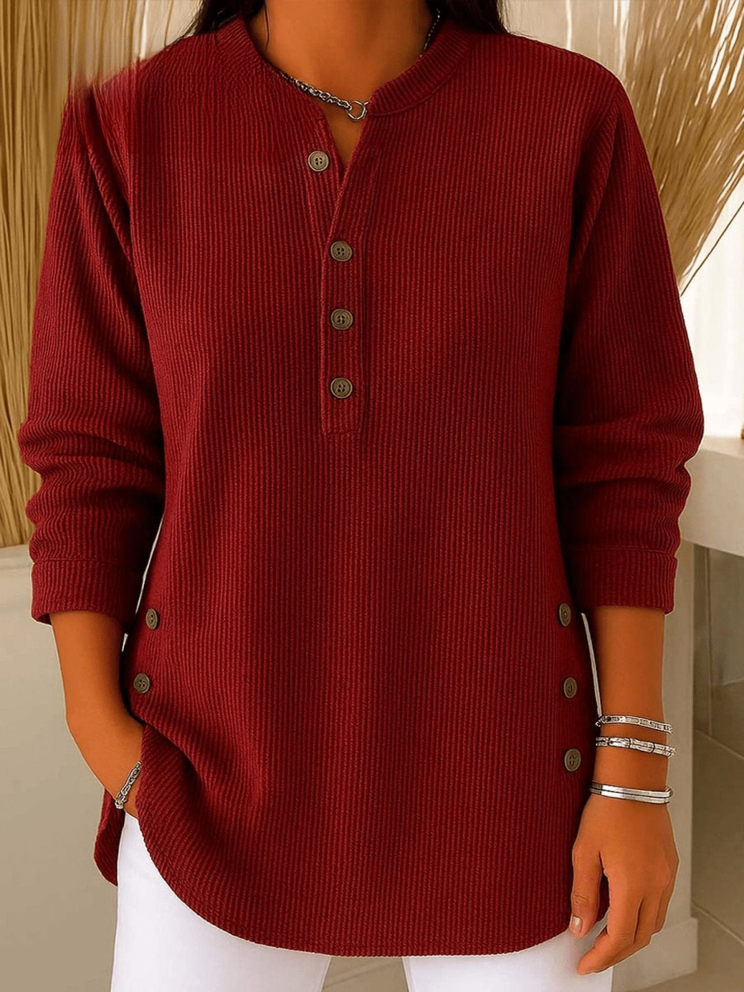 Camila | Comfortable And Warm Longline Henley Ribbed Tunic Top 1