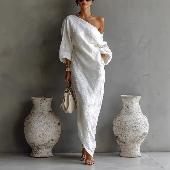Camila | Elegant And Contemporary One-Shoulder Linen Maxi Dress 0