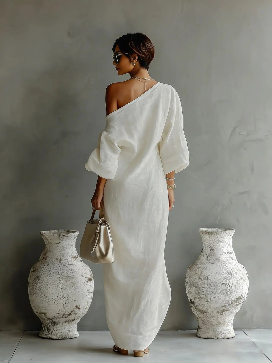 Camila | Elegant And Contemporary One-Shoulder Linen Maxi Dress 2