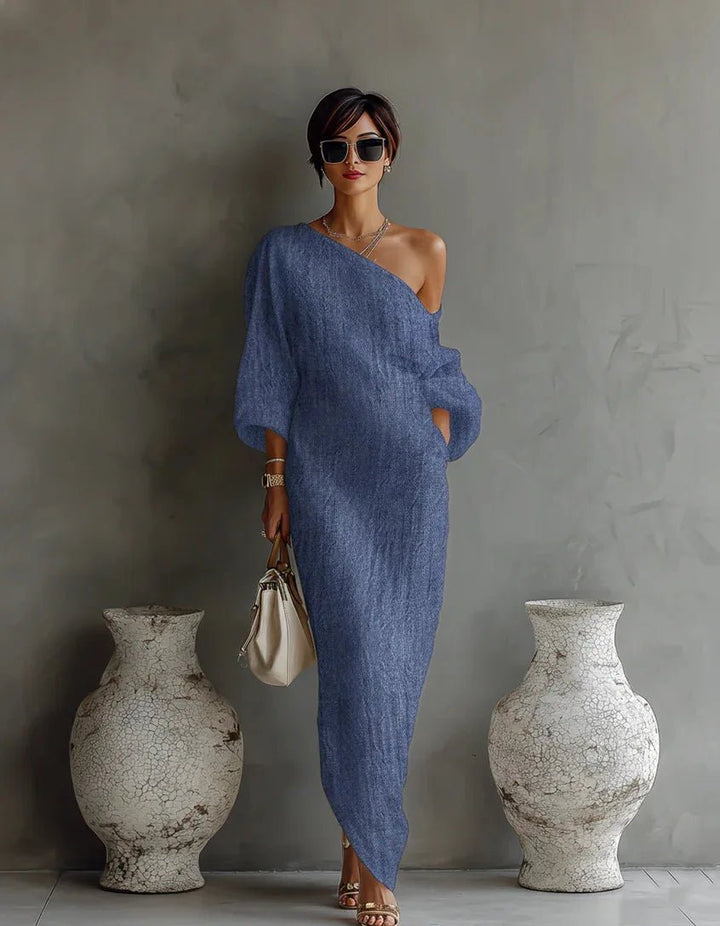 Camila | Elegant And Contemporary One-Shoulder Linen Maxi Dress 4
