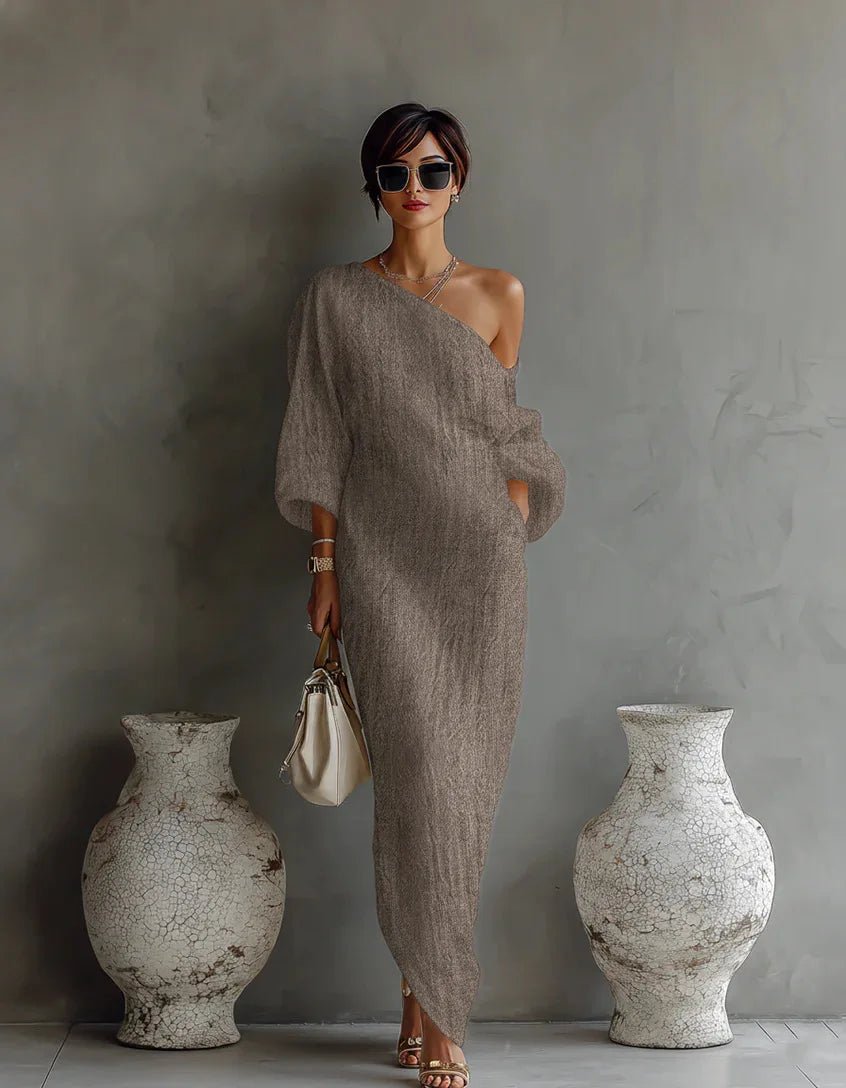 Camila | Elegant And Contemporary One-Shoulder Linen Maxi Dress 5
