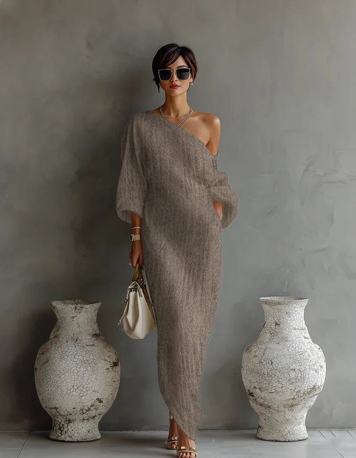 Camila | Elegant And Contemporary One-Shoulder Linen Maxi Dress 5