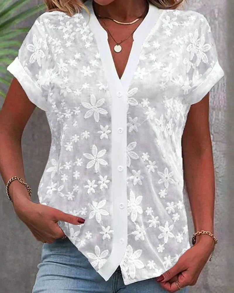 Carolyn | Elegant Floral Lace Button-Front Blouse 0