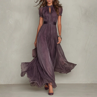 Celeste | Elegante abito lungo in chiffon con bordatura in pizzo