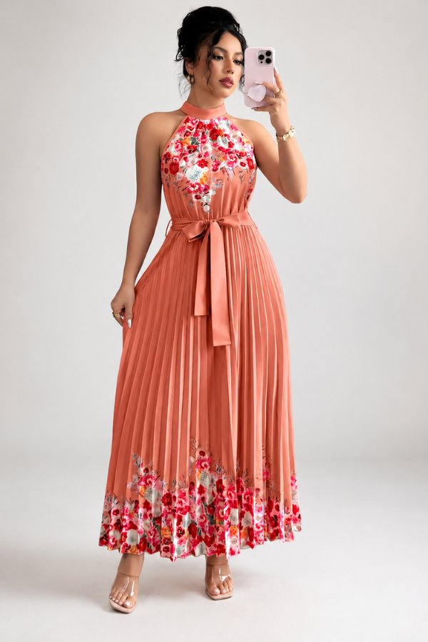 Charlie | Floral Pleated Halter Midi Dress 11