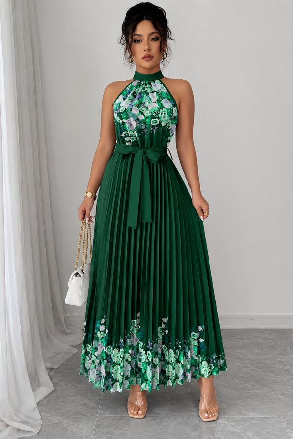 Charlie | Floral Pleated Halter Midi Dress 13