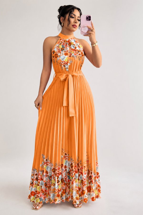 Charlie | Floral Pleated Halter Midi Dress 16