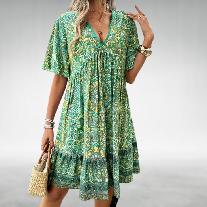 Daisy | Bohemian Paisley Printed Short Sleeve Mini Dress 0
