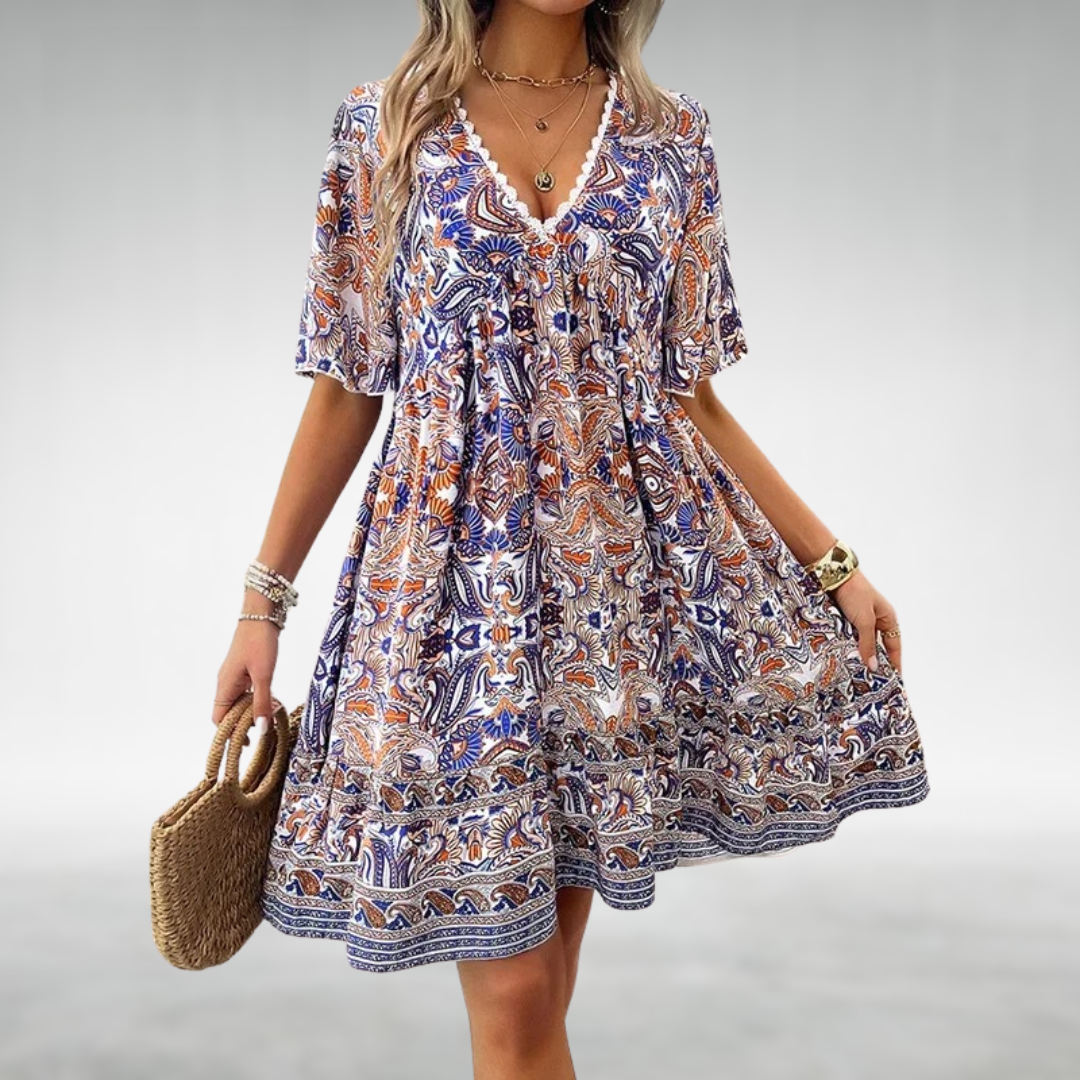 Daisy | Bohemian Paisley Printed Short Sleeve Mini Dress 1