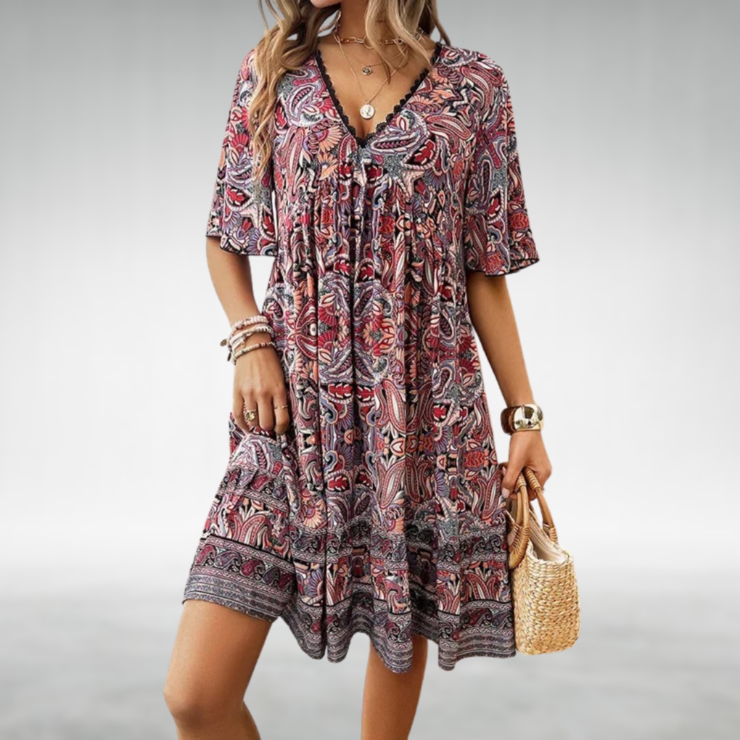 Daisy | Bohemian Paisley Printed Short Sleeve Mini Dress 2