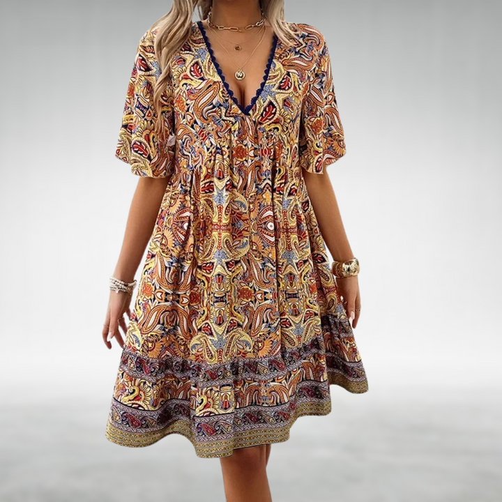 Daisy | Bohemian Paisley Printed Short Sleeve Mini Dress 3