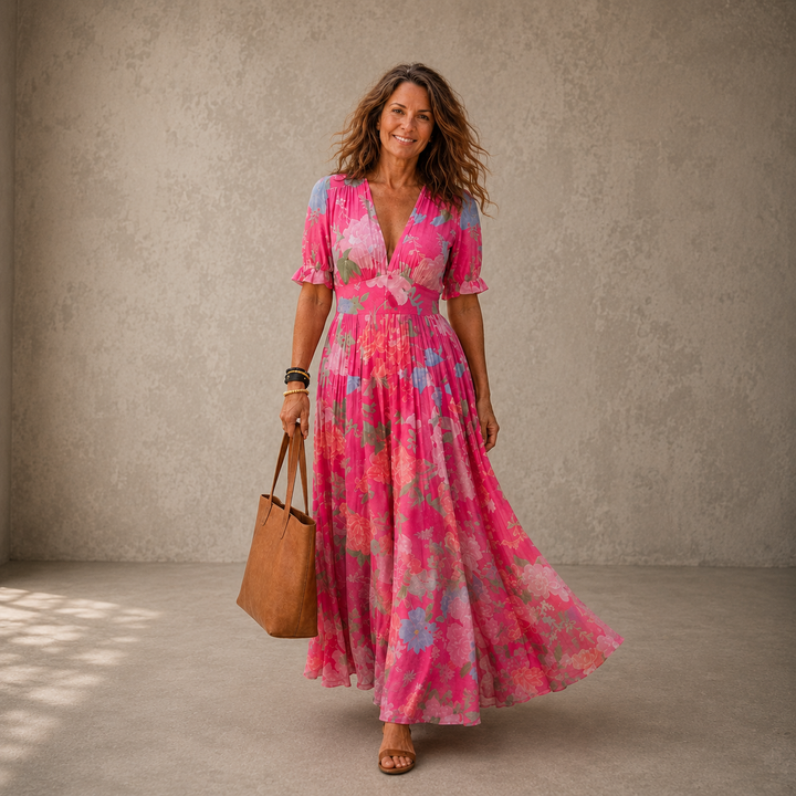 Elena | Graceful and Elegant Floral Pleated Maxi Dress 1