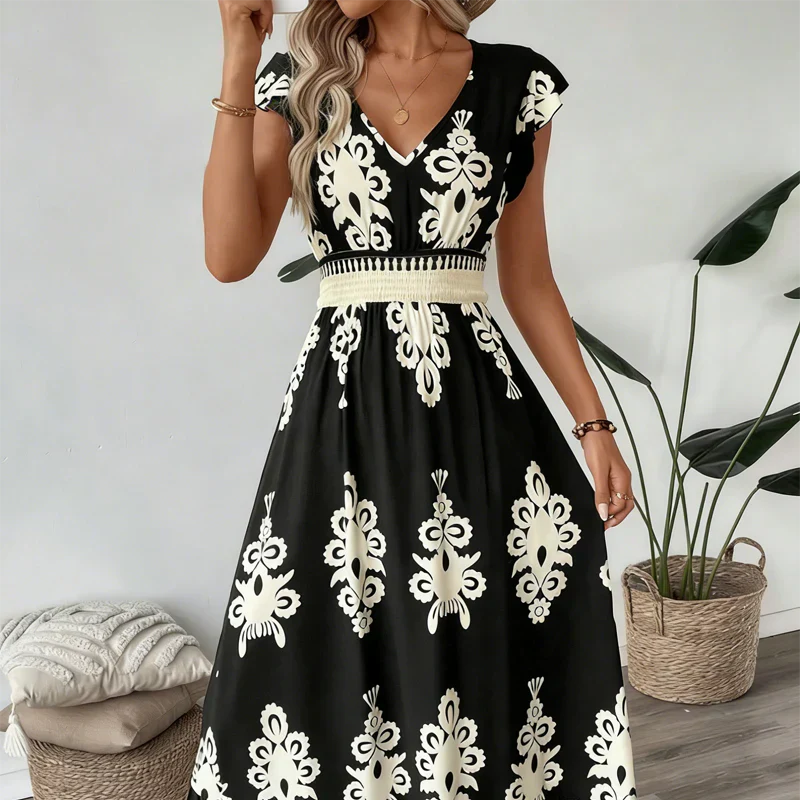 Eliza | Elegant Graphic Print A-Line Midi Dress 0