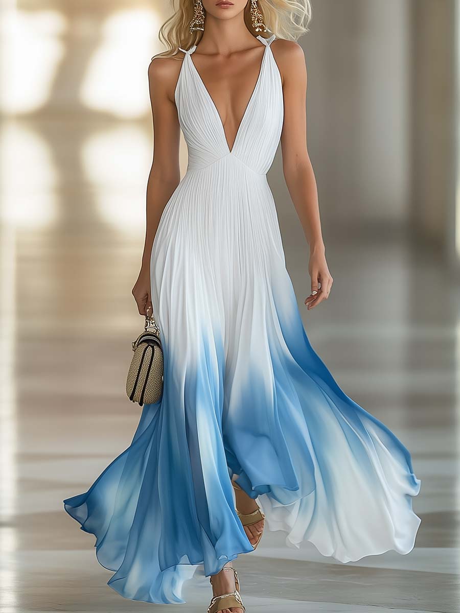 Evelina | Elegant V-Neck Gradient Maxi Dress 0
