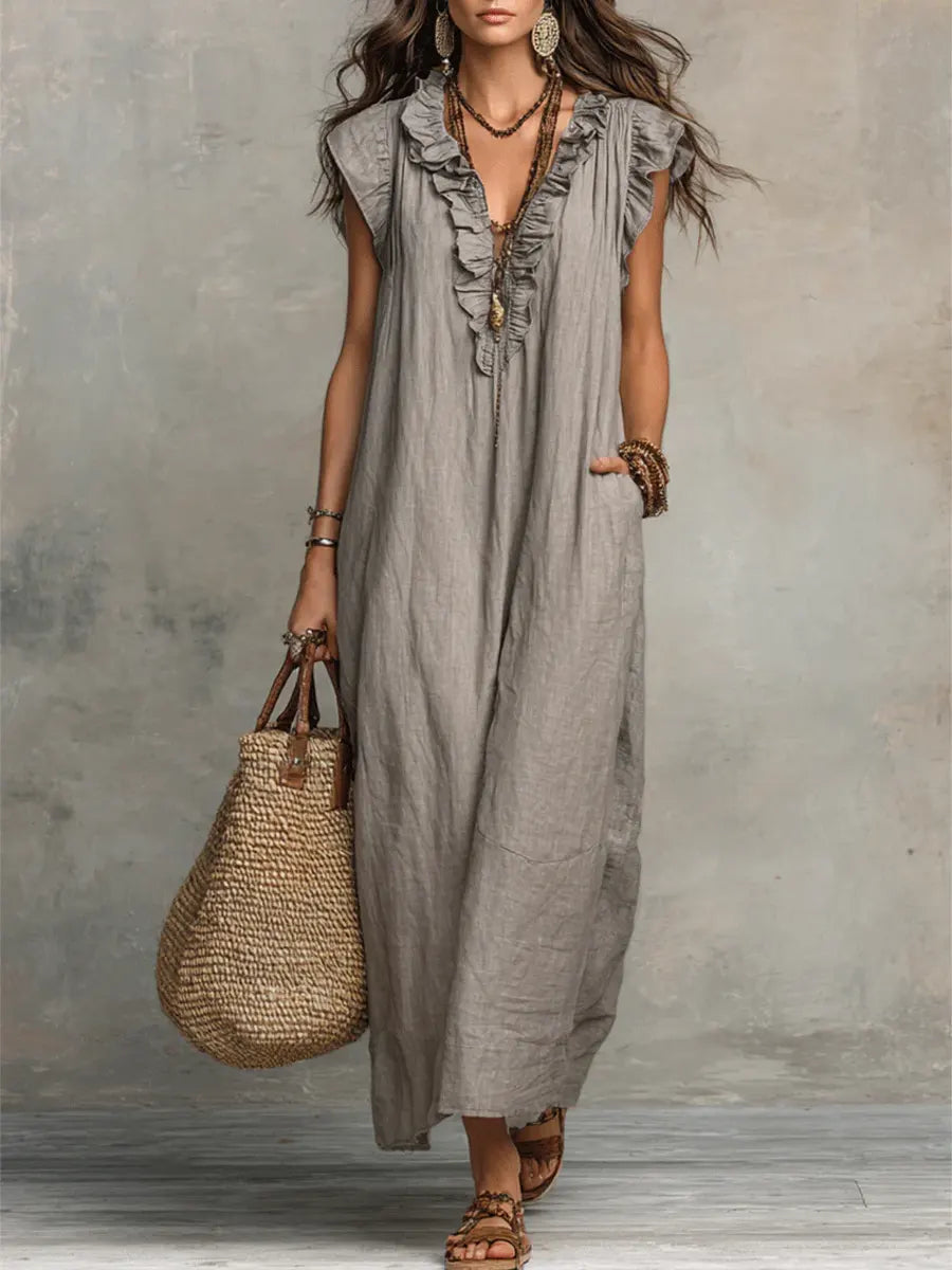 Evelyn | Elegant And Feminine Ruffle V-Neck Maxi Dress 0
