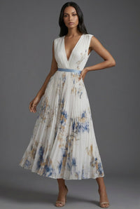 Luna | Pleated Floral V-Neck Midi Dress