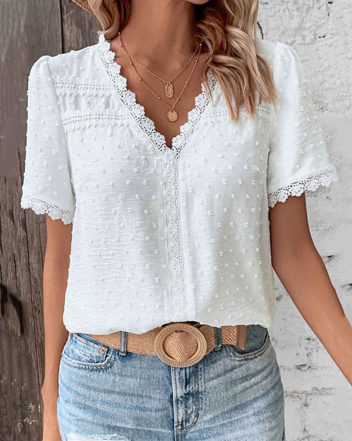 Evie | Elegant V-Neck Patchwork Cotton Blouse 0