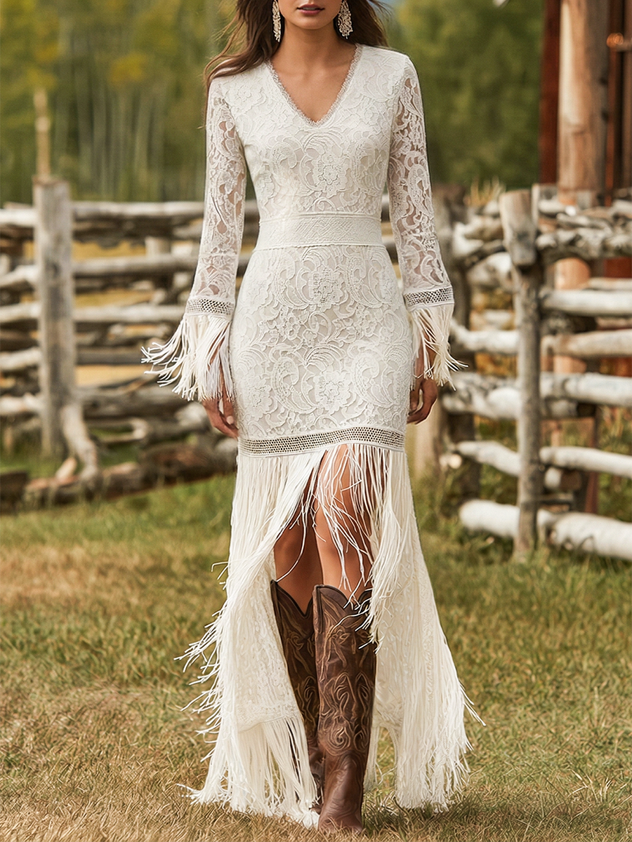 Freya | Elegant V-Neck Long Sleeve Maxi Dress with Tassel Details 0