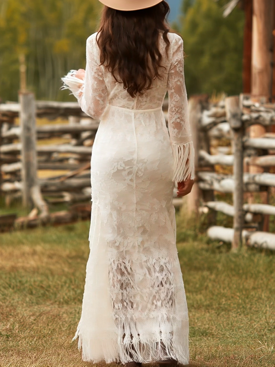 Freya | Elegant V-Neck Long Sleeve Maxi Dress with Tassel Details 4
