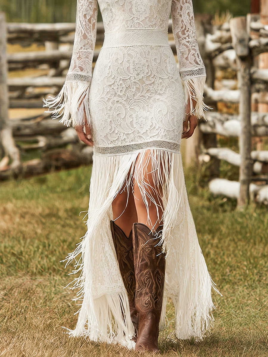 Freya | Elegant V-Neck Long Sleeve Maxi Dress with Tassel Details 6