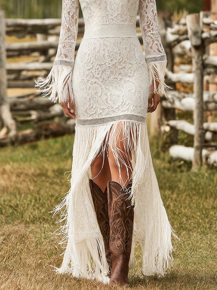 Freya | Elegant V-Neck Long Sleeve Maxi Dress with Tassel Details 6