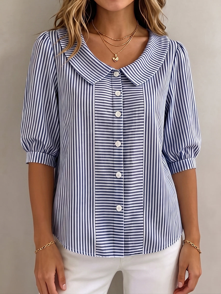 Gina | Elegant Vertical Striped Quarter Sleeve Blouse 0