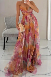 Layla | Florales Tüll-Maxikleid ohne Ärmel für Cocktails