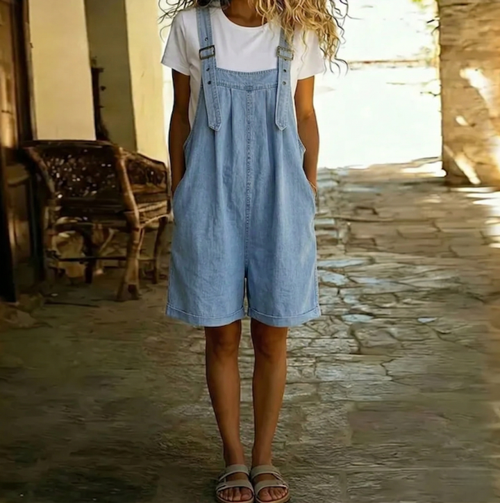 Hannah | Vintage Washed Denim Short Overalls 0