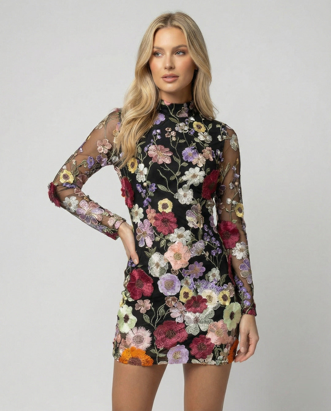Harper | Elegant High-Neck Embroidered Mini Dress 2