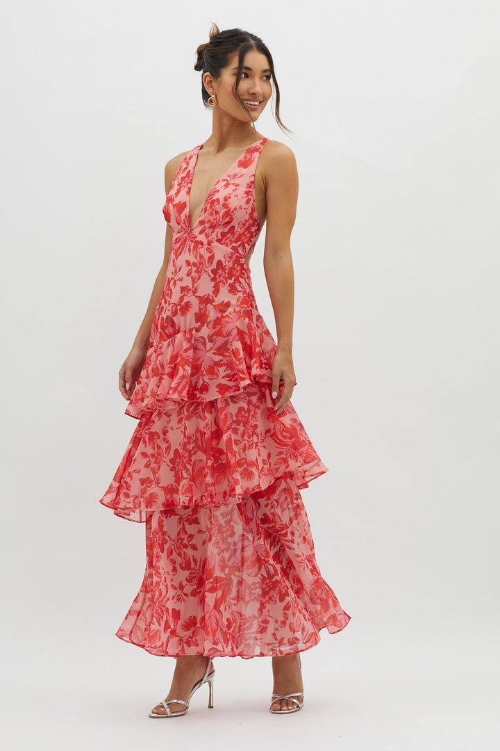 Iris | Elegant Floral Flounce Maxi Dress 0