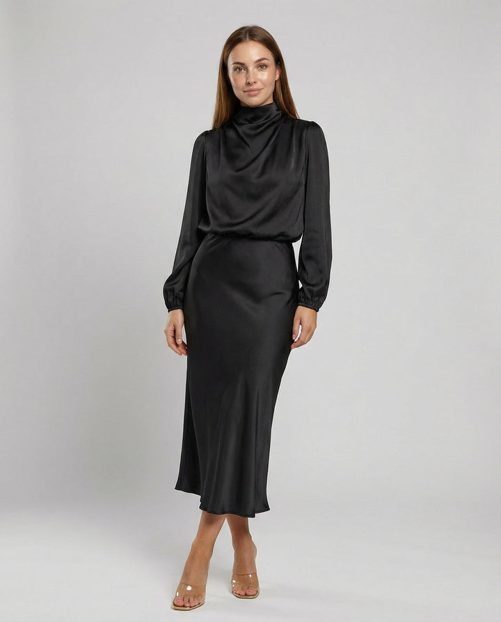 Isabella | Elegant Luminous Long-Sleeve Satin Dress 0
