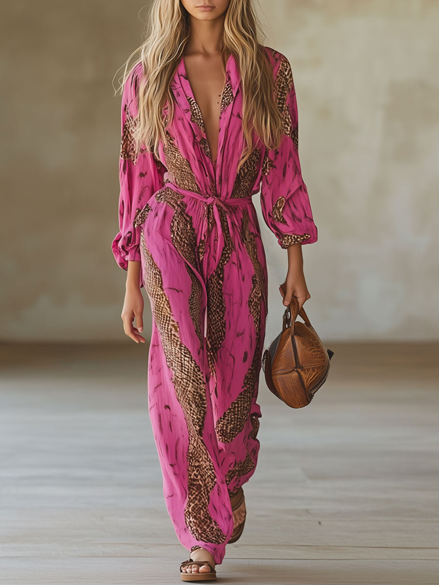 Isla | Bold Leopard Print V-Neck Wide Leg Jumpsuit 0