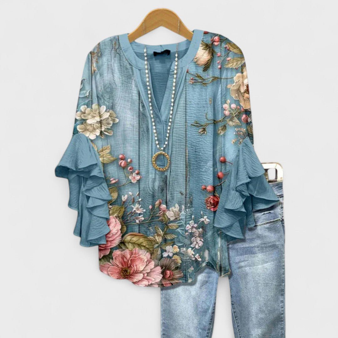 Ivy | Elegant V-Neck Floral Tops with Ruffle Sleeves 0