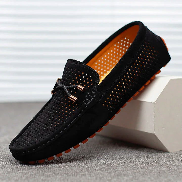 Jaxon | Mens Loafers Black Perforated Leather Casual Comfort 10