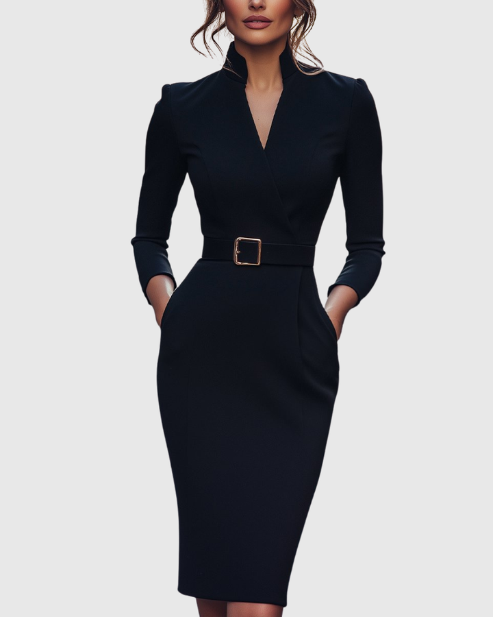 Juliette | Elegant Structured Midi Dress with Belted Waist 0