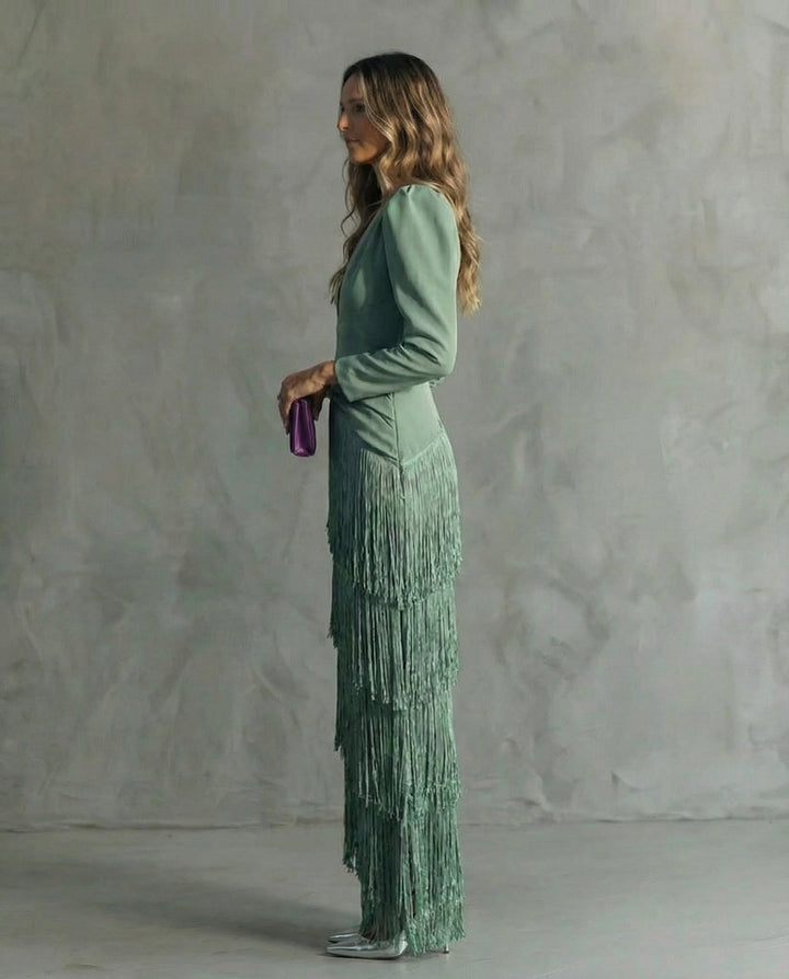 Karla | Elegant V-Neck Tiered Fringe Maxi Dress 2