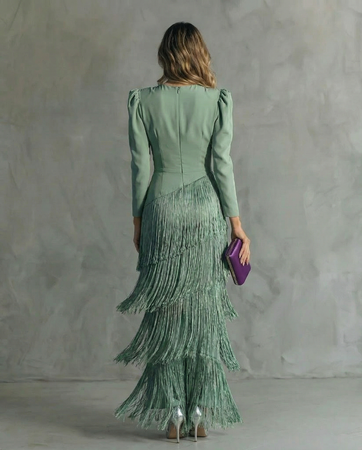Karla | Elegant V-Neck Tiered Fringe Maxi Dress 3