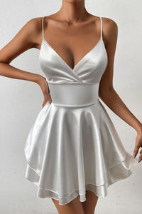 Mia | Satin Open-Back Mini Cocktail Dress with Pleated Skater Skirt