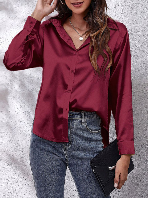 Laura | Silk-Touch Lustrous Satin Button-Down Shirt 11