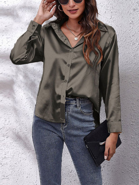 Laura | Silk-Touch Lustrous Satin Button-Down Shirt 13
