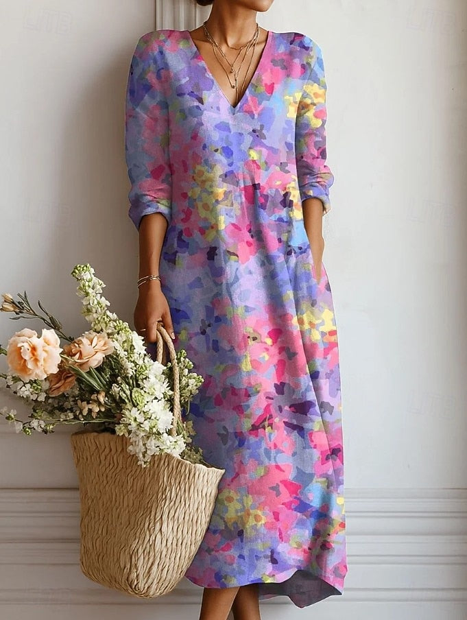 Lauren | Elegant Floral V-Neck Long Sleeve Midi Dress 0