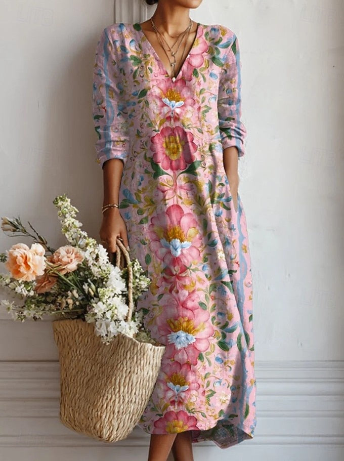 Lauren | Elegant Floral V-Neck Long Sleeve Midi Dress 4