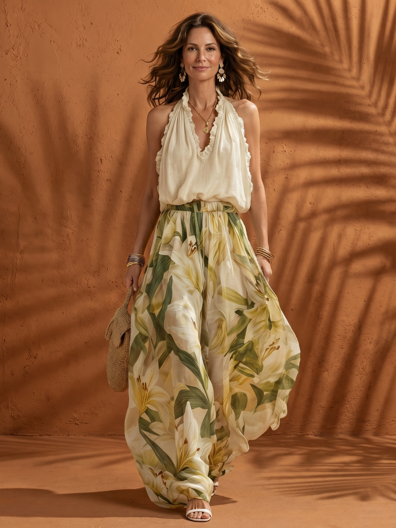 Lauren | Floral Halter Neck Ruffle Blouse & Wide-Leg Trouser Set 0