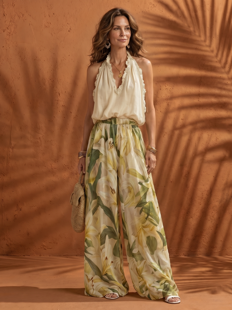 Lauren | Floral Halter Neck Ruffle Blouse & Wide-Leg Trouser Set 1