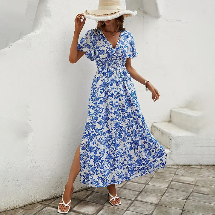Lily | Elegant Floral V Neck Short Sleeve Maxi Dress 0