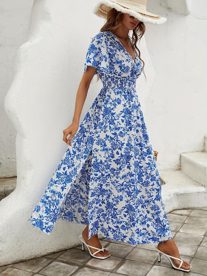 Lily | Elegant Floral V Neck Short Sleeve Maxi Dress 4