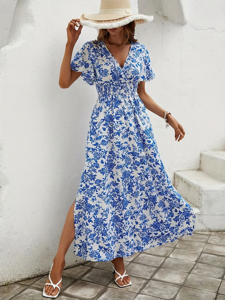 Lily | Elegant Floral V Neck Short Sleeve Maxi Dress 5